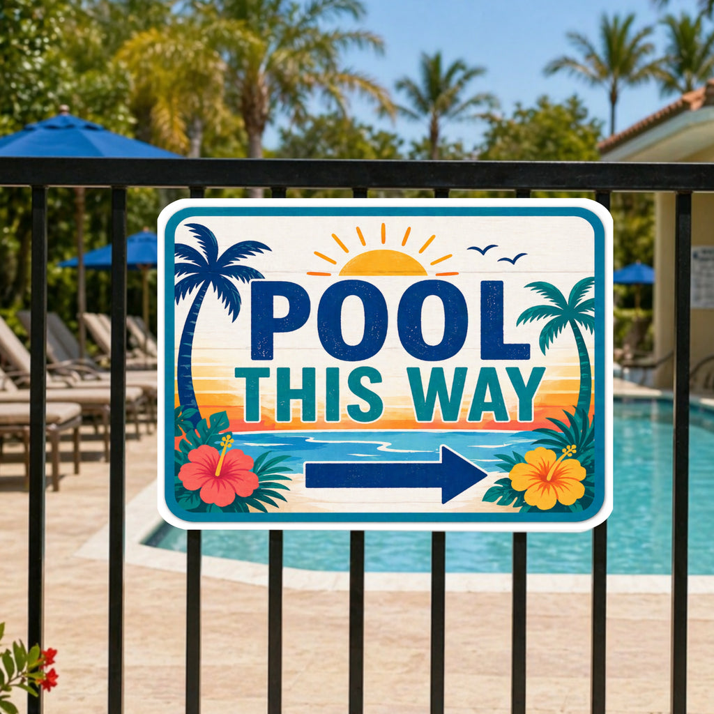 Pool This Way Sign | 13x19 Laminated Tropical Pool Decor | Palm Tree Poolside Summer Patio Wall Art