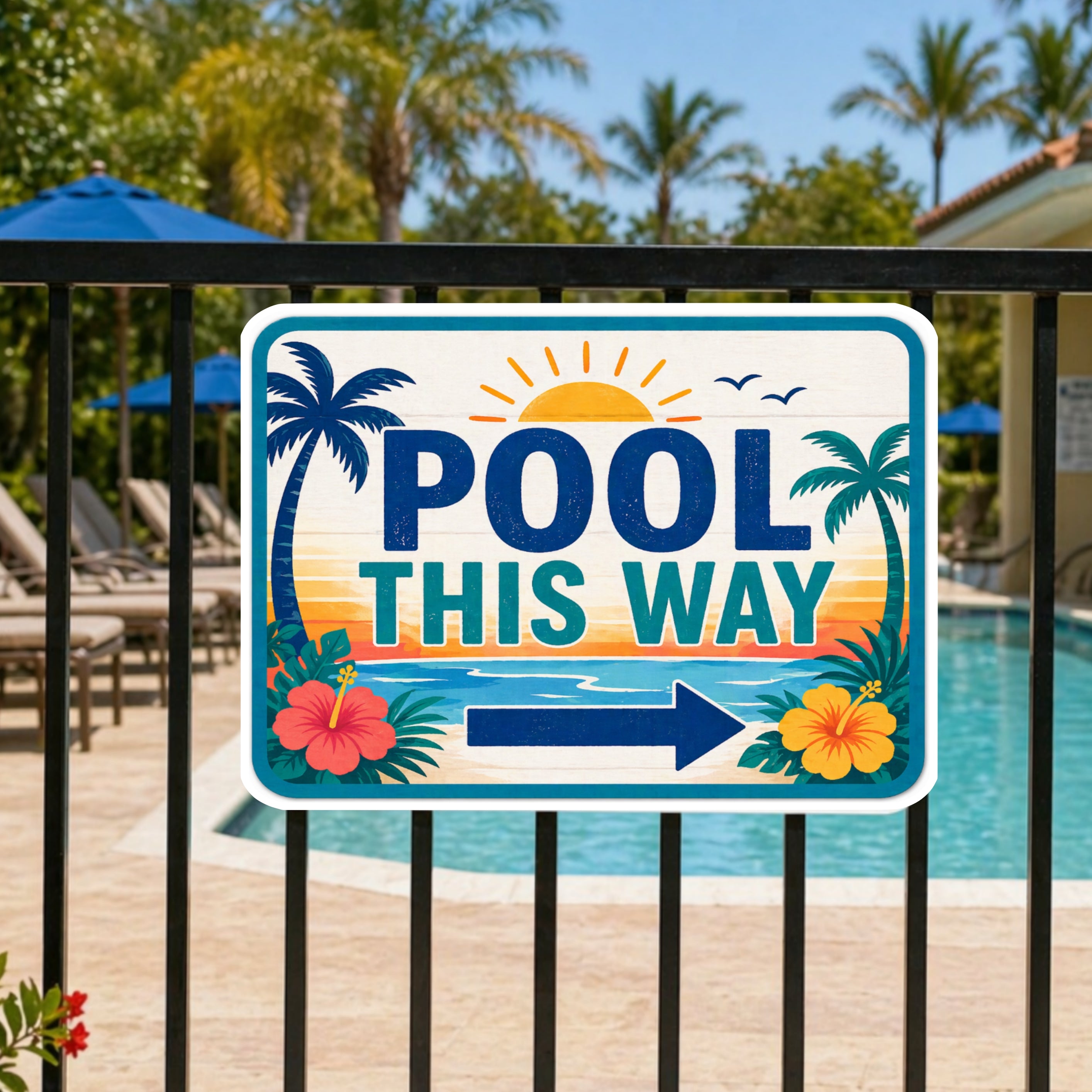 Pool This Way Sign | 13x19 Laminated Tropical Pool Decor | Palm Tree Poolside Summer Patio Wall Art