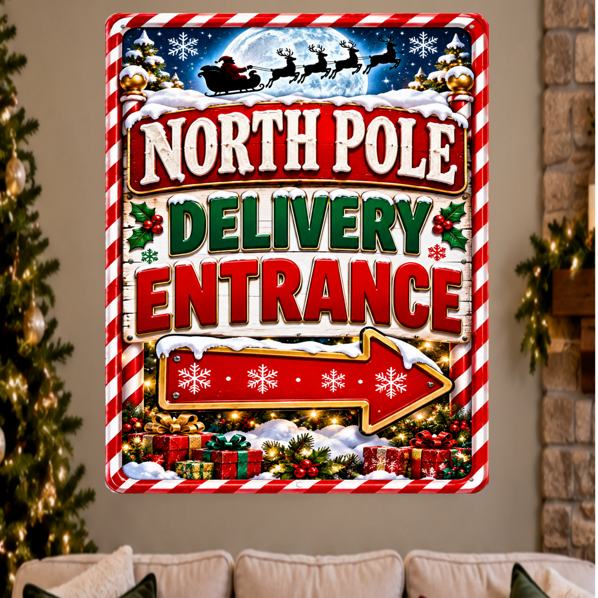 North Pole Delivery Entrance Sign, 13x19 Laminated Santa Christmas Holiday Decor
