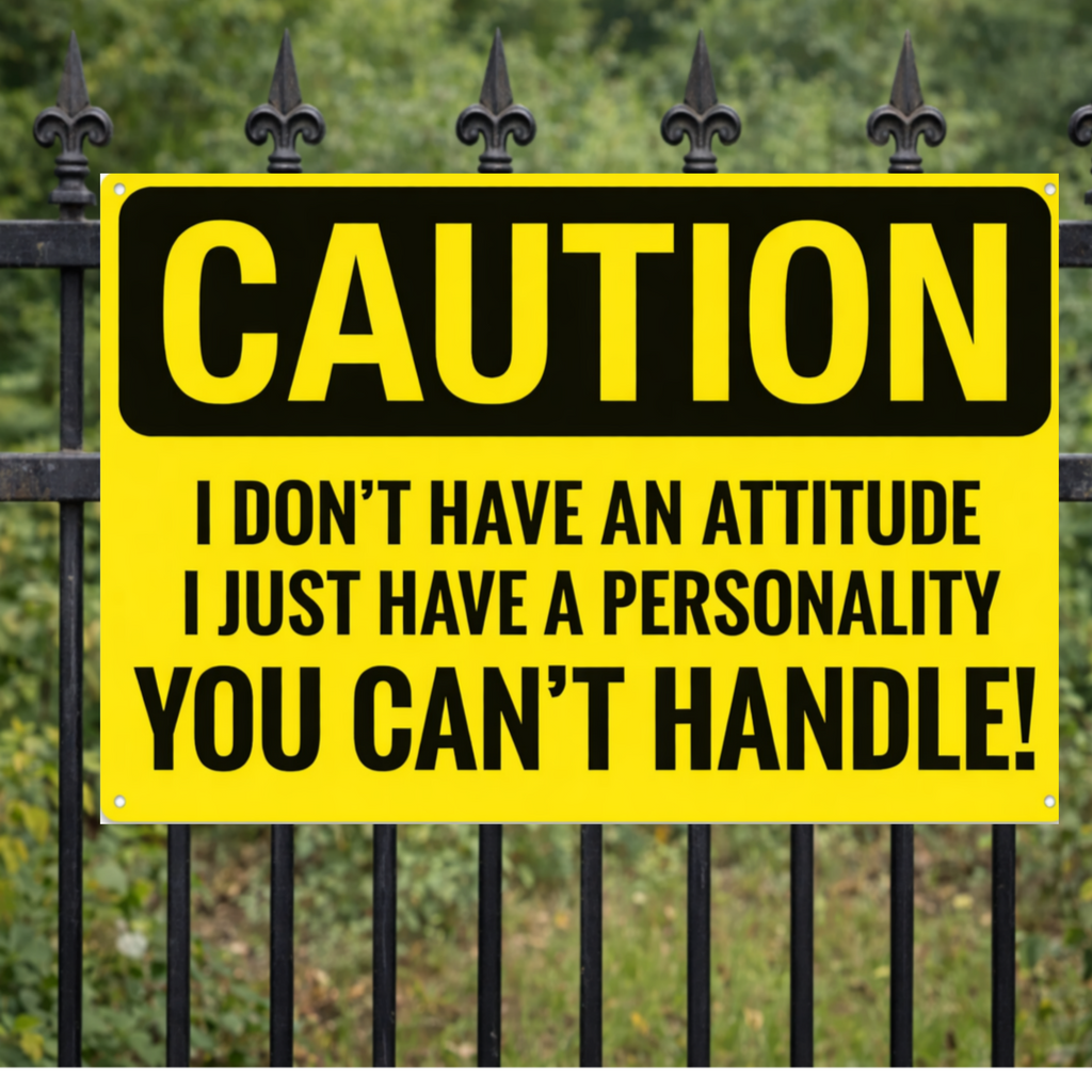 Funny Caution Sign – “I Don’t Have an Attitude, I Have a Personality You Can’t Handle” | Bold Humor Wall Art (13x19)