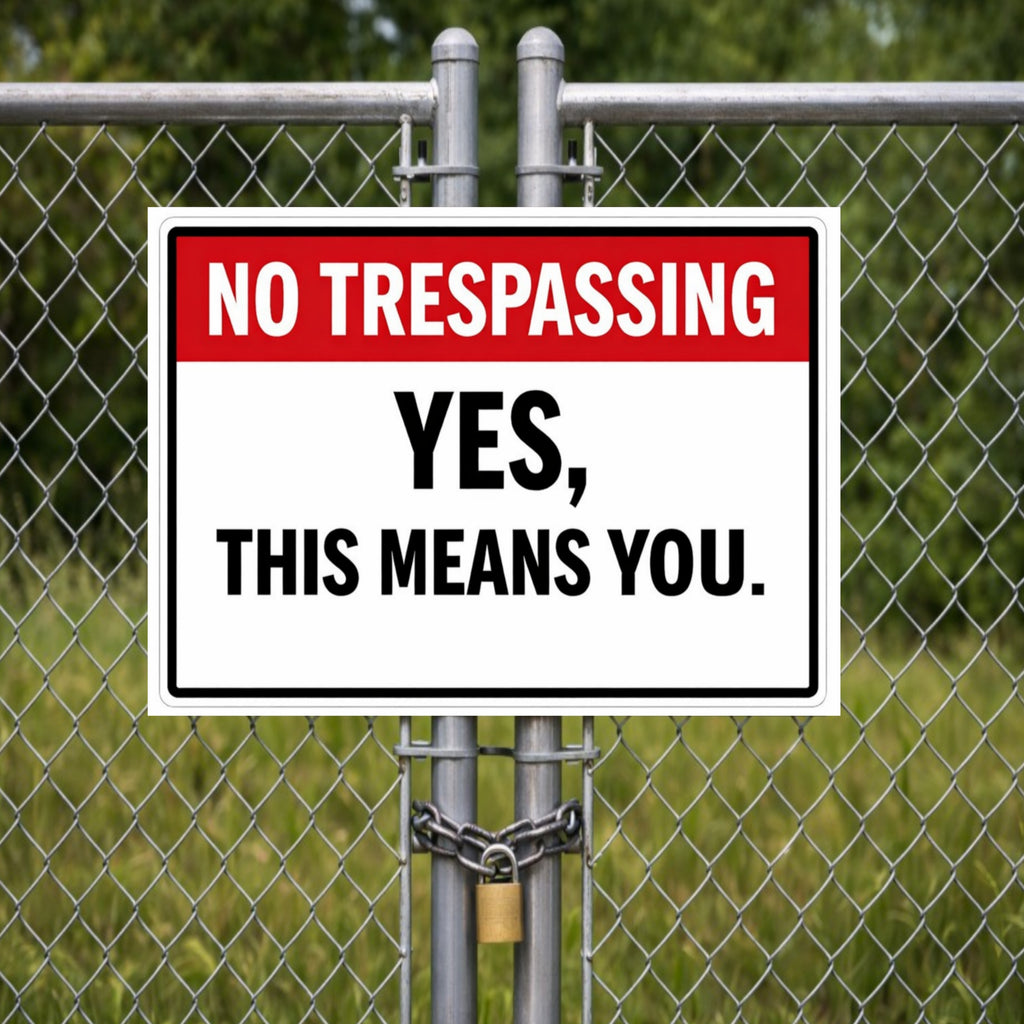 No Trespassing Sign – Yes This Means You | Funny Property Warning Sign 19x13in Size Laminated or Framed