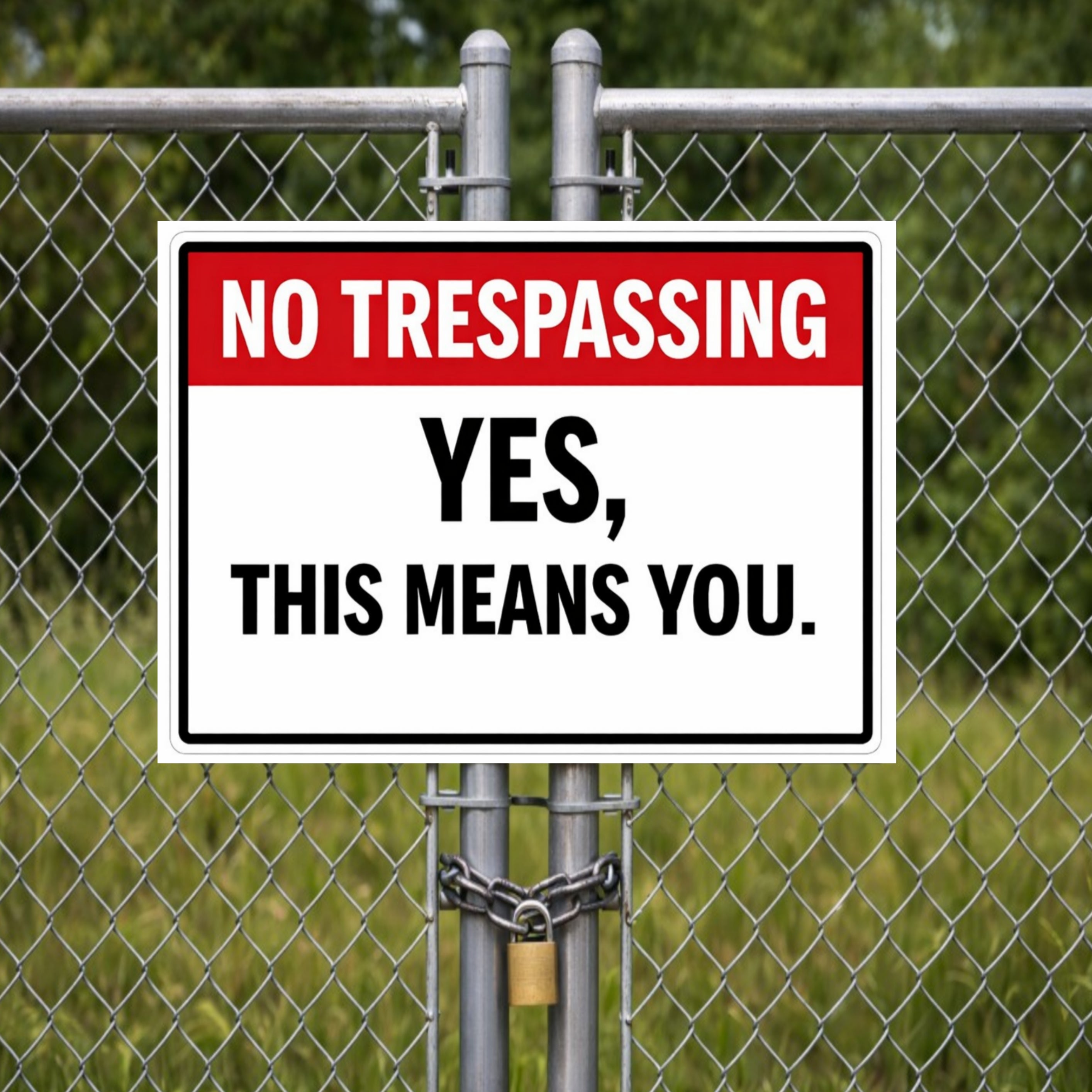 No Trespassing Sign – Yes This Means You | Funny Property Warning Sign 19x13in Size Laminated or Framed