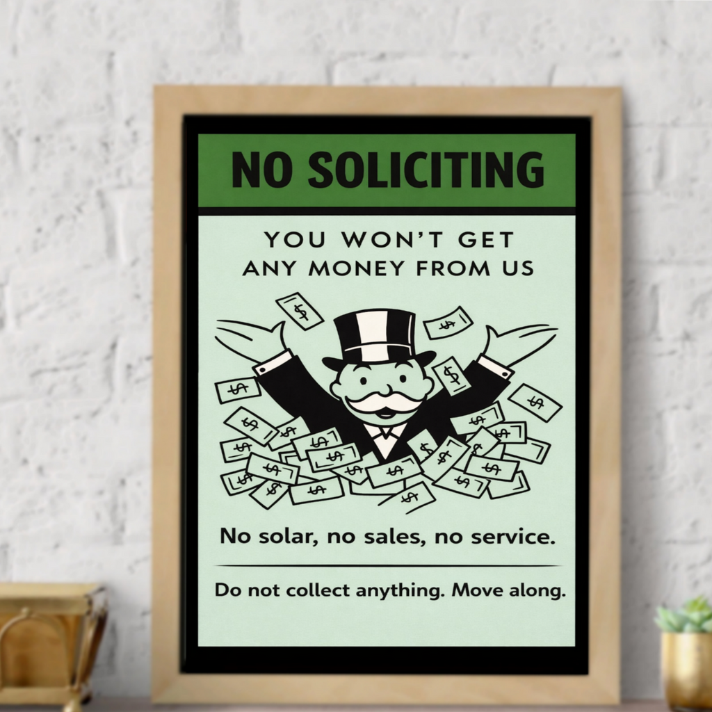 No Soliciting Funny Money Sign We Don’t Want To Buy Move Along Sign 13x19 Laminated Door Sign Home Security Decor