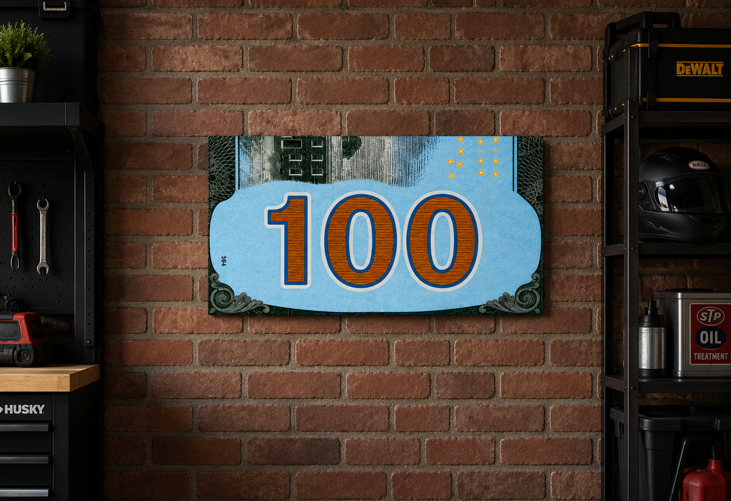 Turquoise 100 Dollar Bill Wall Art | Glossy 19x13 Money Print | Wooden Back Hanging Decor | Modern Office & Man Cave Wall Decor