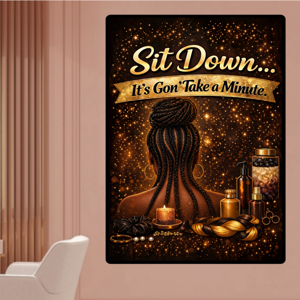 Sit Down It’s Gon Take a Minute Beauty Salon Sign 13x19 Laminated Wall Art Hair Braiding Poster Black Girl Hair Decor Funny Salon Quote Sign