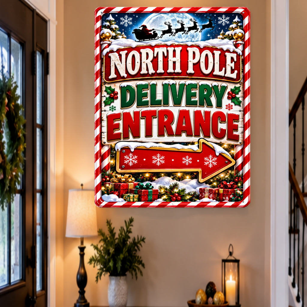 North Pole Delivery Entrance Sign, 13x19 Laminated Santa Christmas Holiday Decor