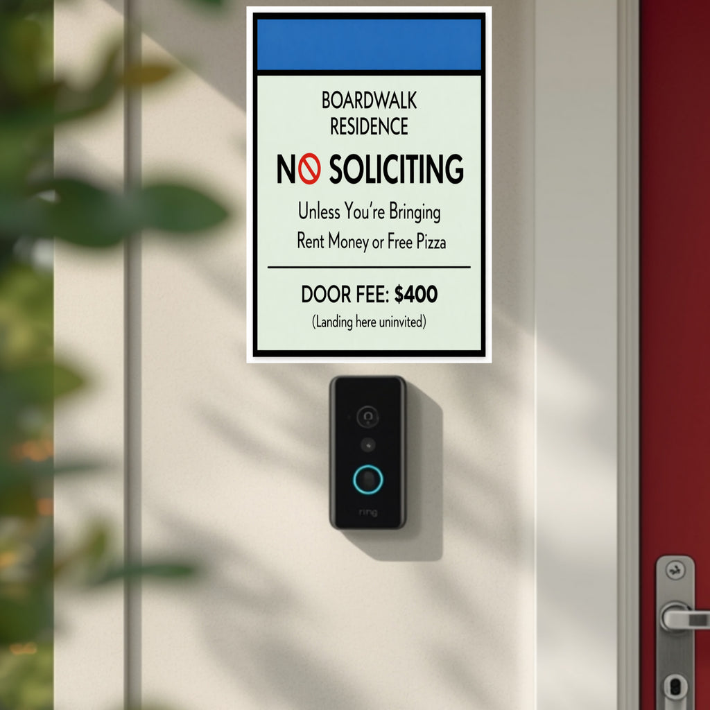 Boardwalk No Soliciting Sign – Funny Door Sign | “Unless You’re Bringing Rent or Pizza” | Modern Home Entry Decor