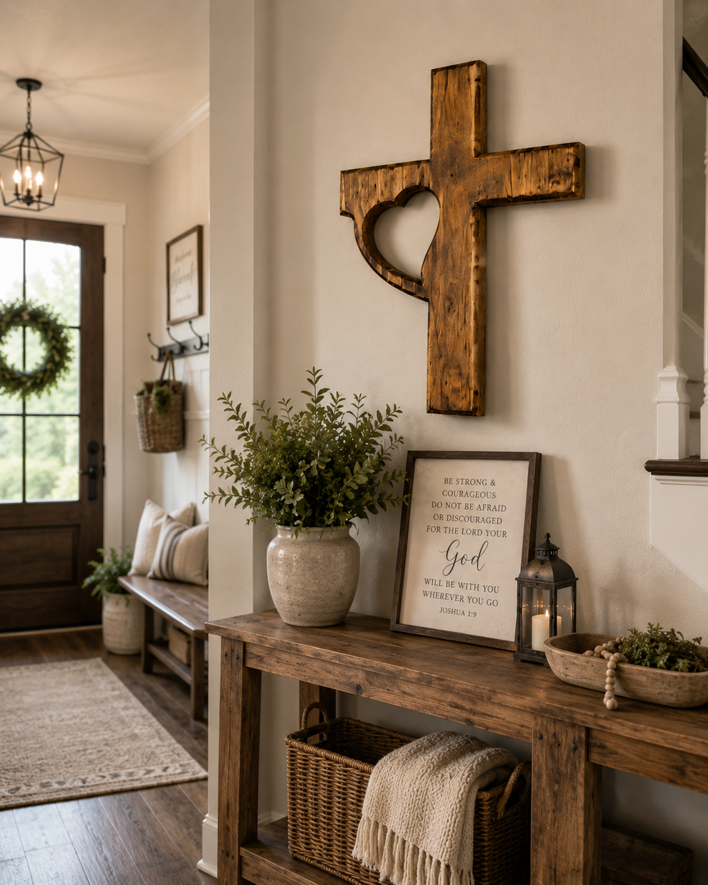 Handmade Wooden Cross Wall Decor with Heart Cutout | Rustic Christian Wall Art | Luxury Farmhouse Faith Decor 12x18