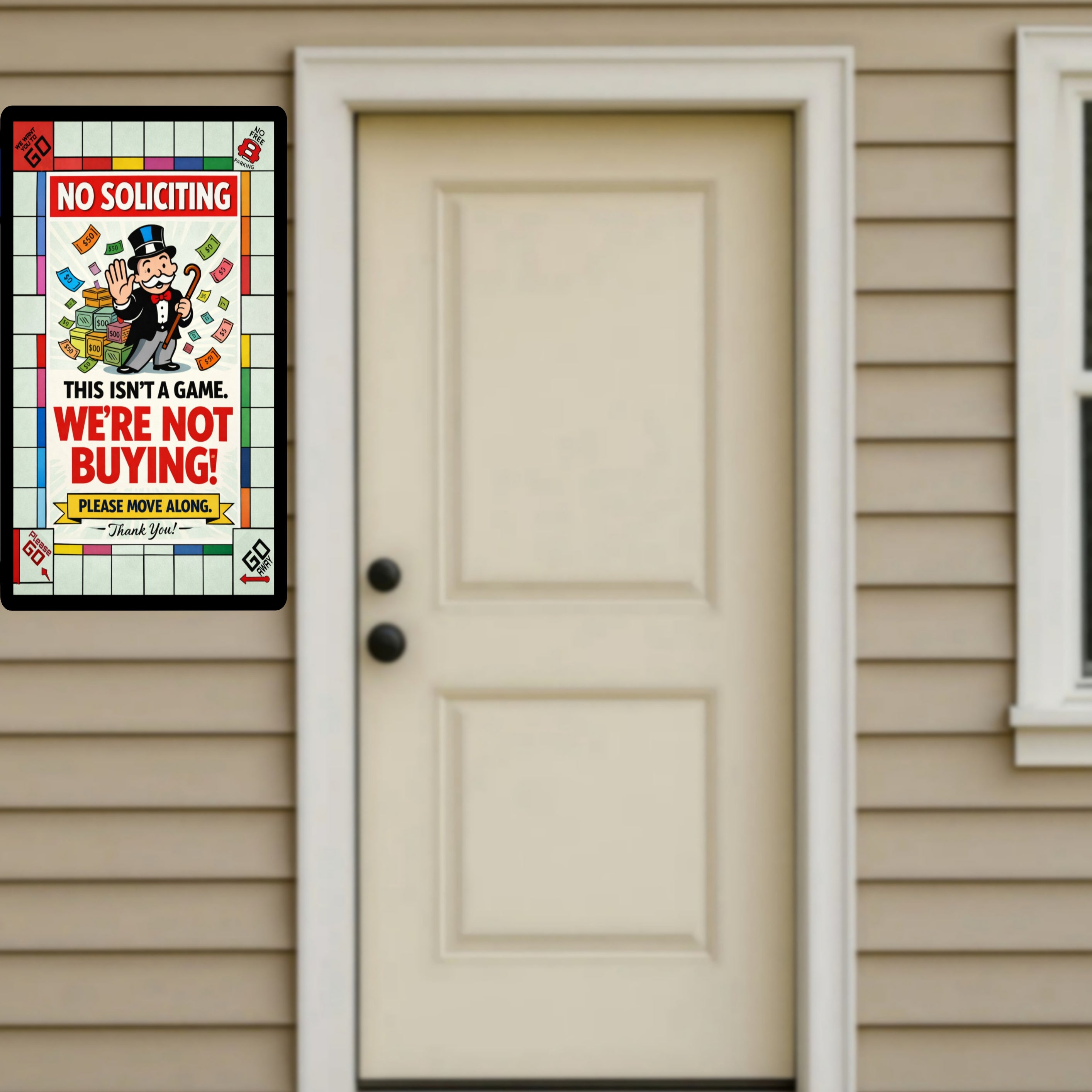 No Soliciting Monopoly Sign We’re Not Buying Please Move Along 13x19 Laminated Funny Door Sign No Salesmen Home Security Decor