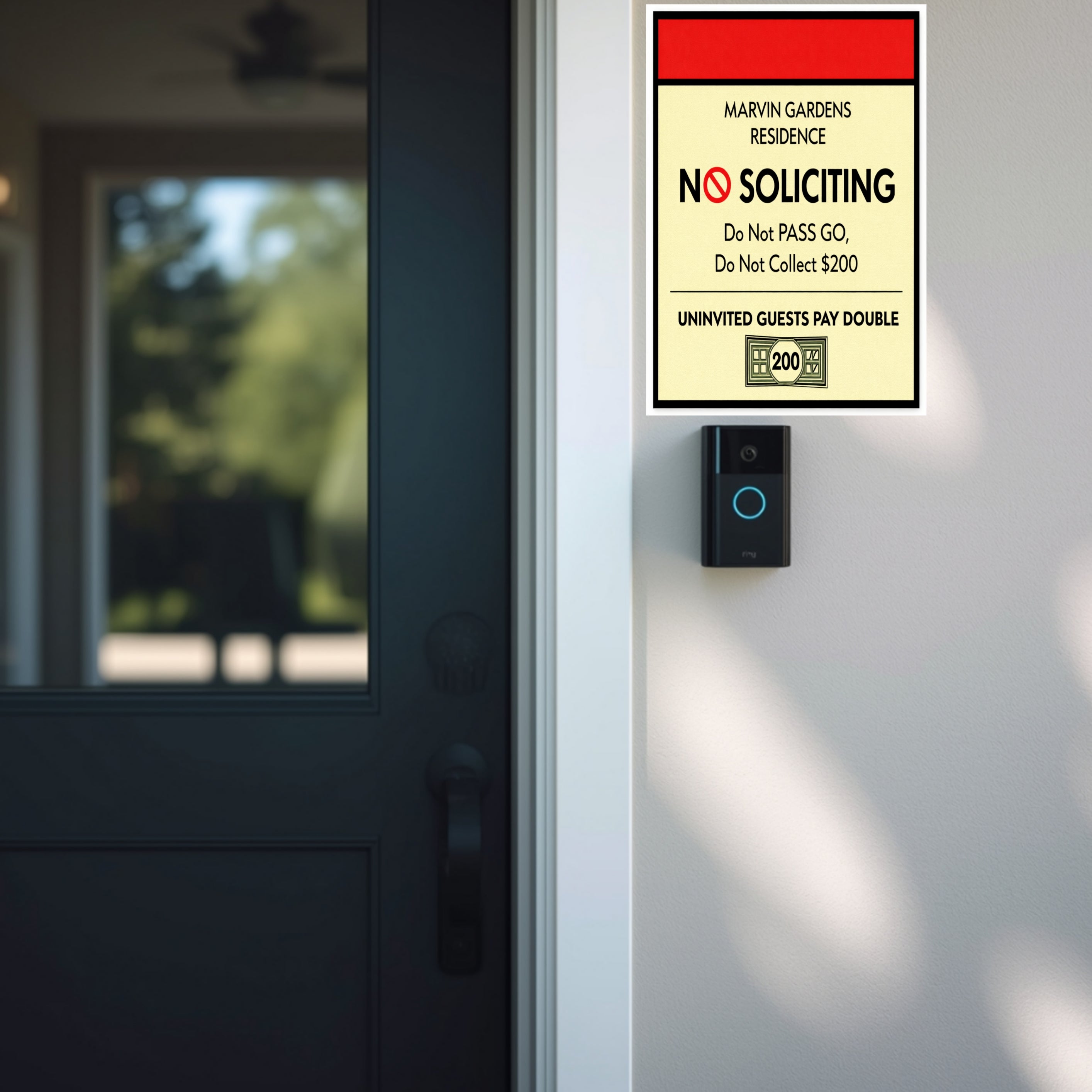 Marvin Gardens No Soliciting Sign – Monopoly Style Door Sign | “Do Not Pass Go, Do Not Collect $200” | Funny Entry Sign