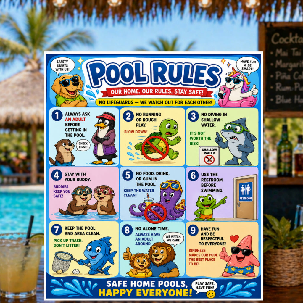 Kids Pool Rules Sign 13x19 Laminated Pool Safety Poster Cartoon Swimming Rules Decor Backyard Family Pool Wall Art