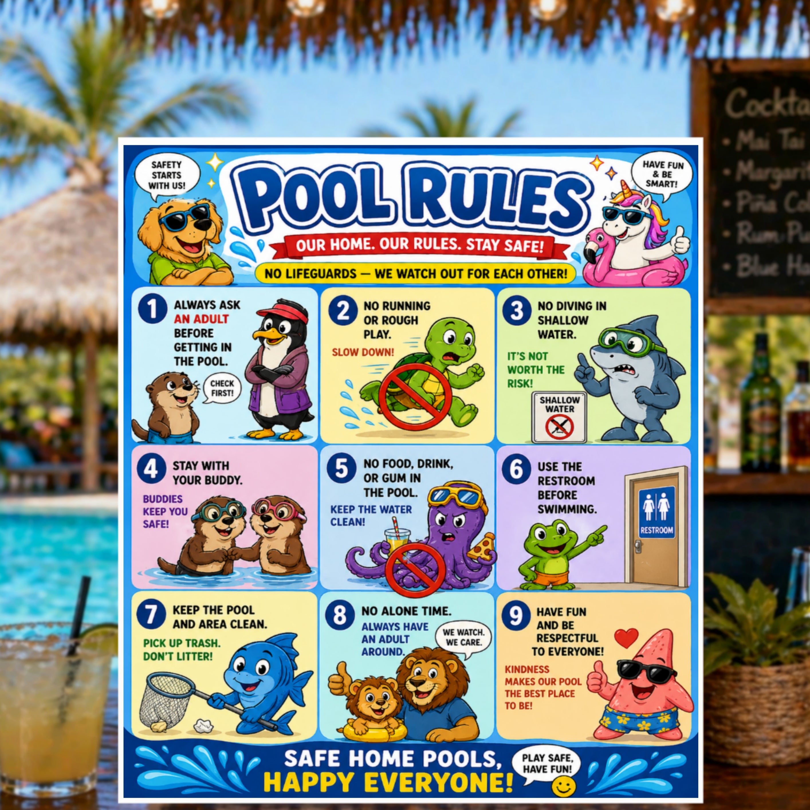 Kids Pool Rules Sign 13x19 Laminated Pool Safety Poster Cartoon Swimming Rules Decor Backyard Family Pool Wall Art