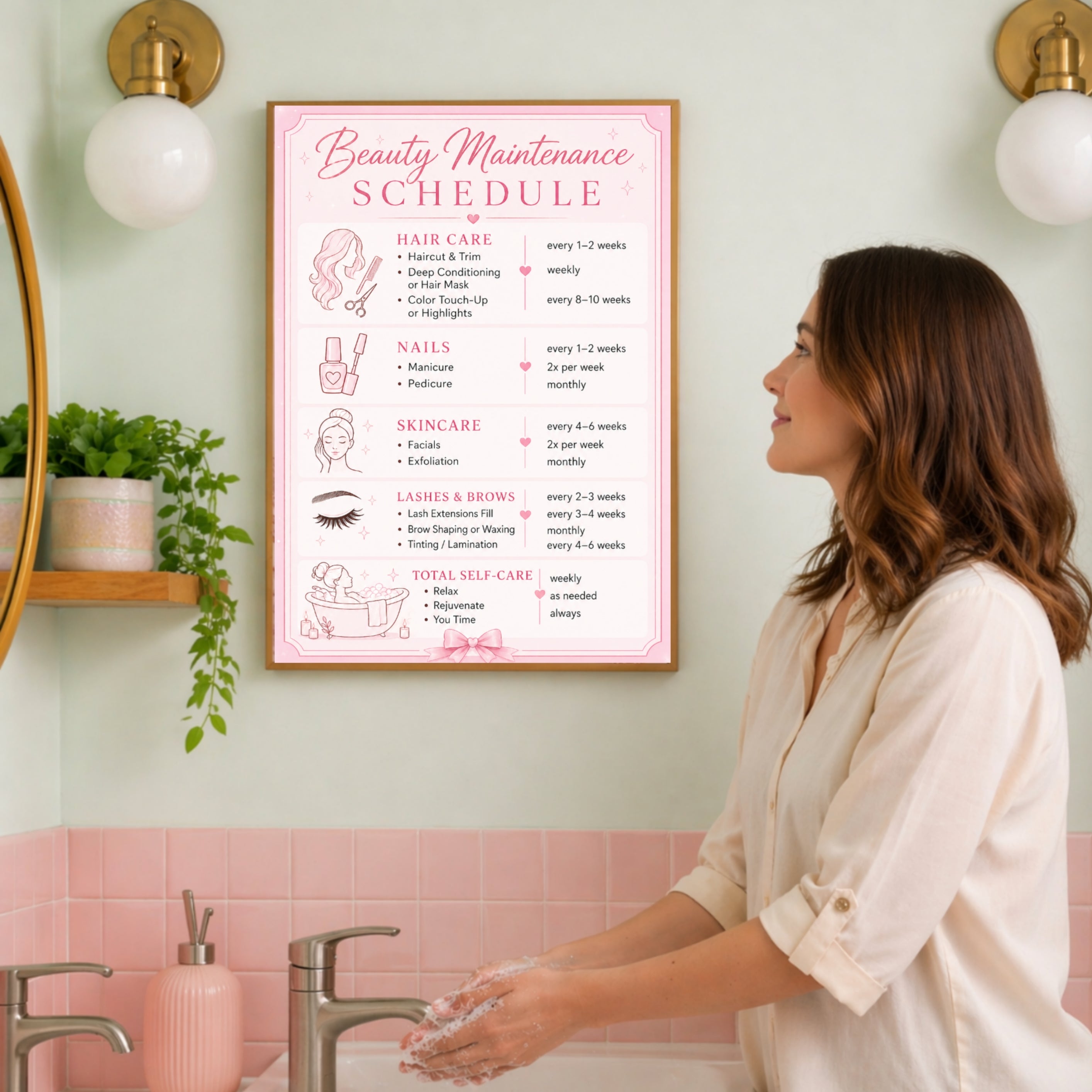 Personalized Beauty Maintenance Schedule Sign | Pink Self Care Wall Decor | Custom Beauty Routine Poster | Girly Bathroom Decor | Laminated Print