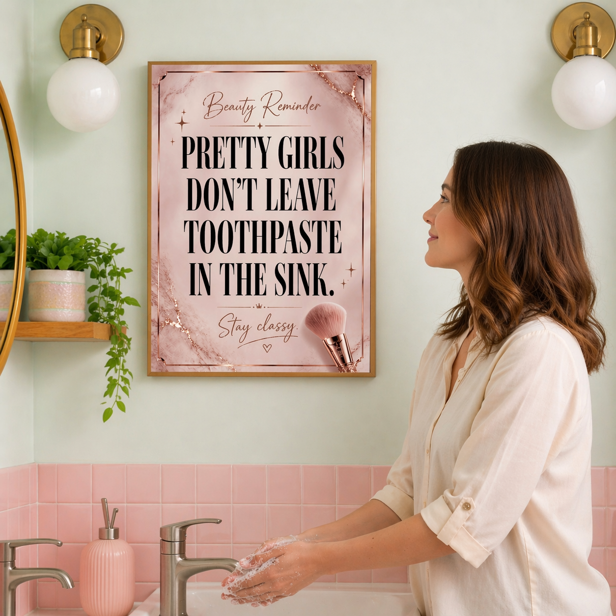 Pretty Girls Don’t Leave Toothpaste In The Sink Bathroom Sign 13x19 Laminated Girly Bathroom Decor Funny Beauty Wall Art