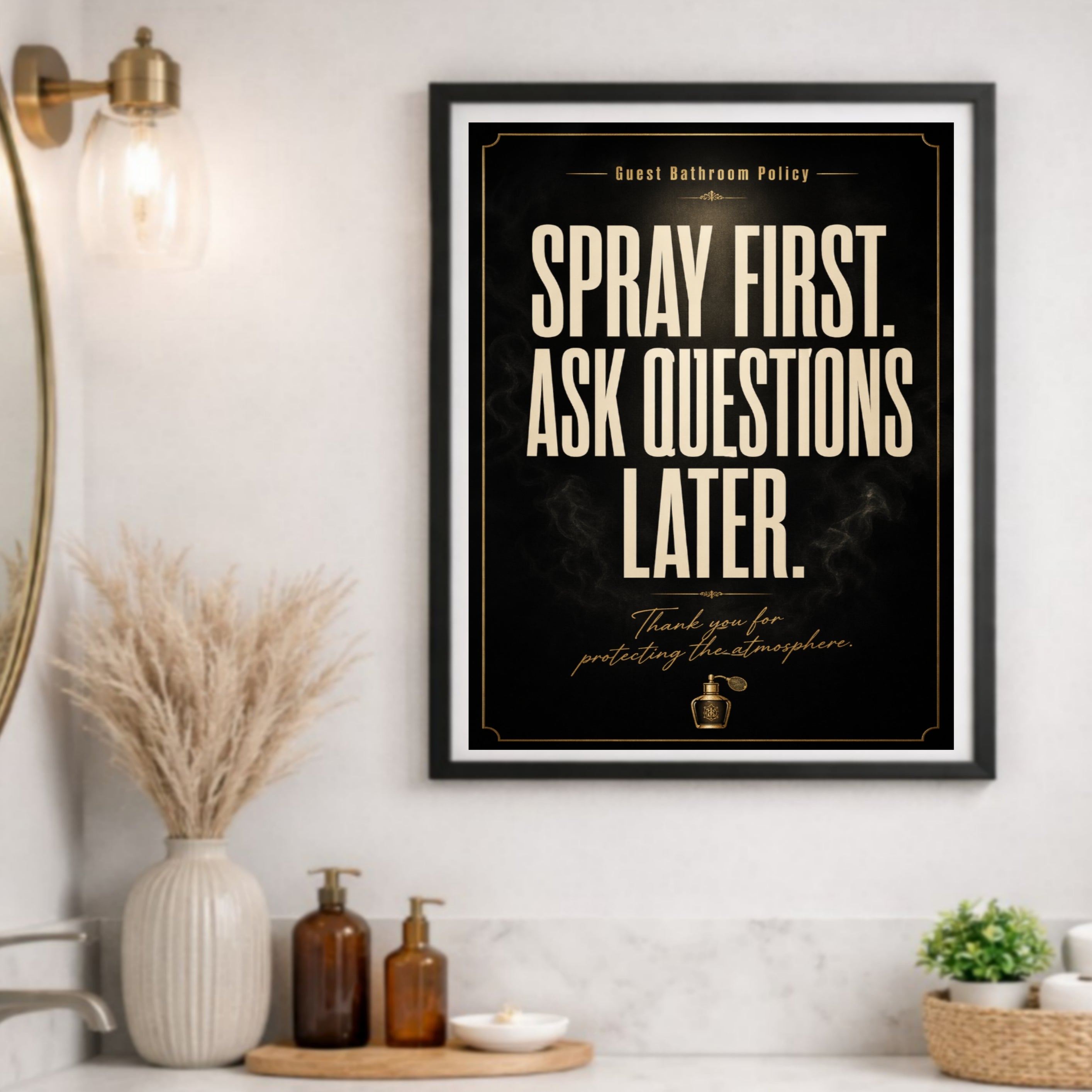 Spray First Ask Questions Later Bathroom Sign 13x19 Laminated Funny Bathroom Wall Art Guest Bathroom Decor Restroom Humor Sign