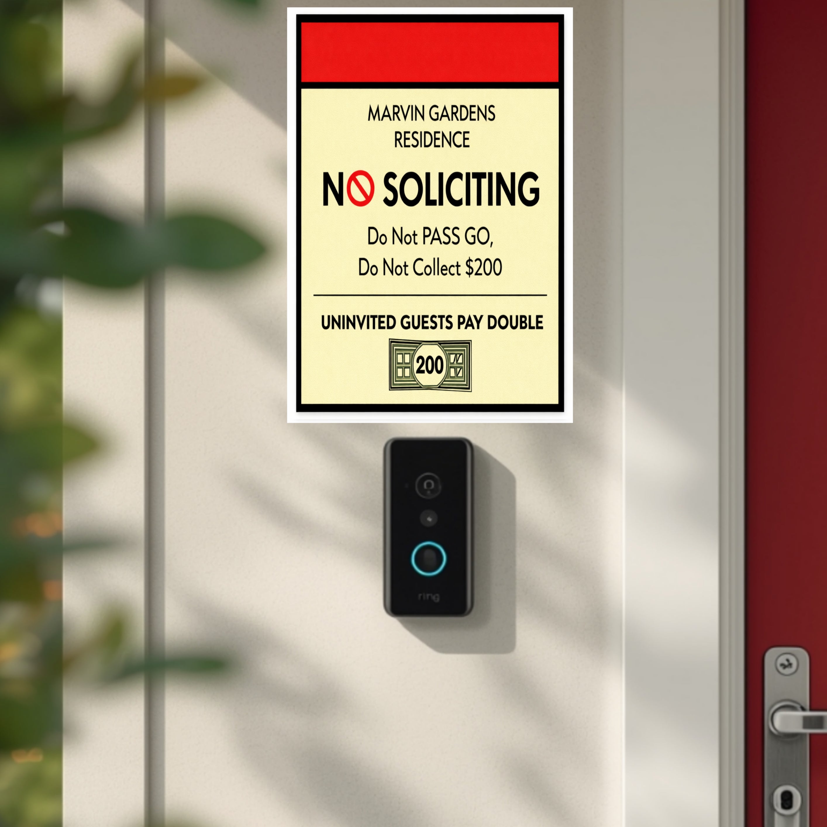 Marvin Gardens No Soliciting Sign – Monopoly Style Door Sign | “Do Not Pass Go, Do Not Collect $200” | Funny Entry Sign