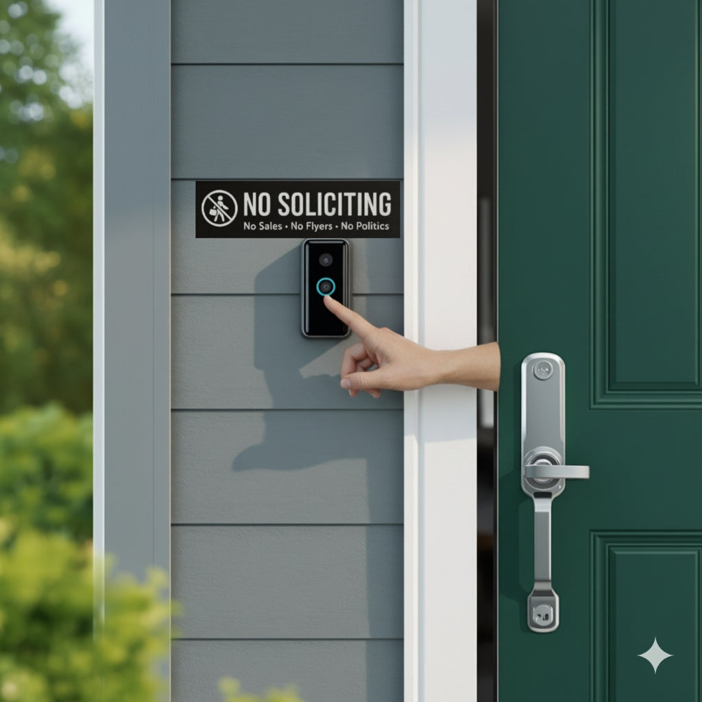 No Soliciting Sign Modern Door Sign  4x6in Laminated Aluminum Backing backing Home Security Warning Sign Minimalist Decor
