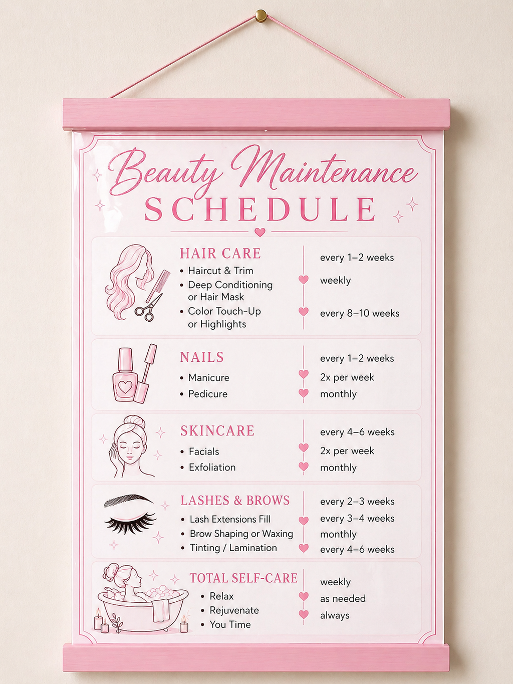 Personalized Beauty Maintenance Schedule Sign | Pink Self Care Wall Decor | Custom Beauty Routine Poster | Girly Bathroom Decor | Laminated Print