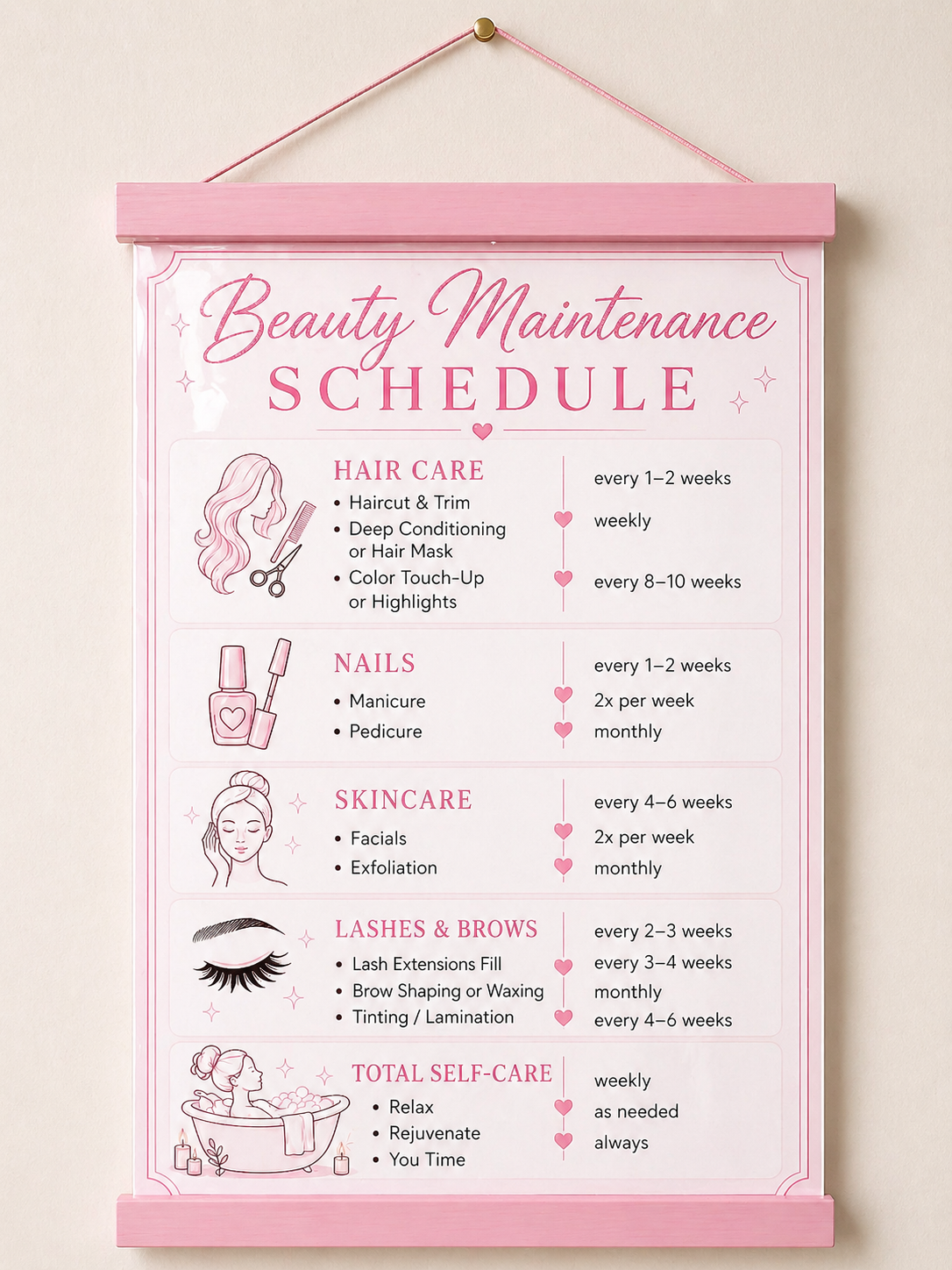 Personalized Beauty Maintenance Schedule Sign | Pink Self Care Wall Decor | Custom Beauty Routine Poster | Girly Bathroom Decor | Laminated Print