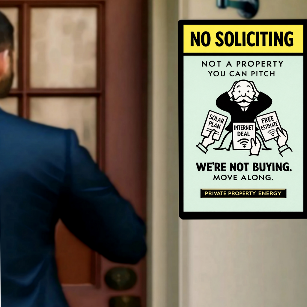 No Soliciting We’re Not Buying Sign Funny Door Sign Salesman Warning Sign 13x19 Laminated Home Protection Decor