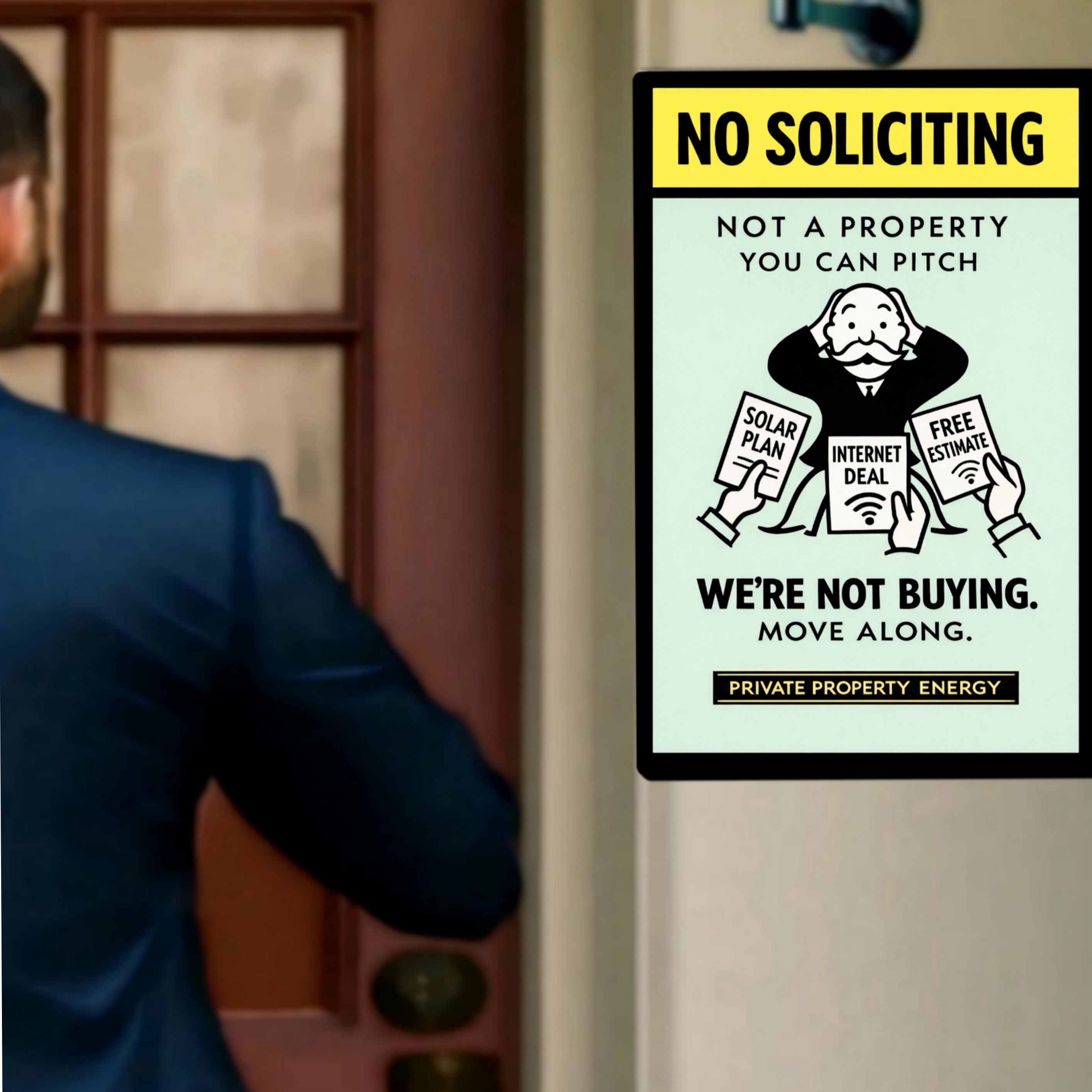 No Soliciting We’re Not Buying Sign Funny Door Sign Salesman Warning Sign 13x19 Laminated Home Protection Decor