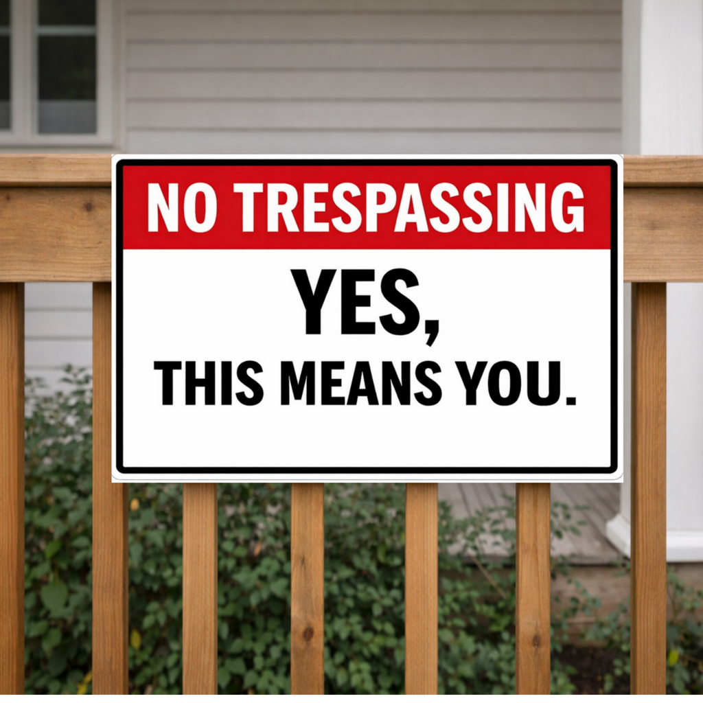 No Trespassing Sign Funny Yes This Means You 13x19 Laminated Outdoor Sign Bold Warning Door Sign Yard Security Sign Home Protection Decor