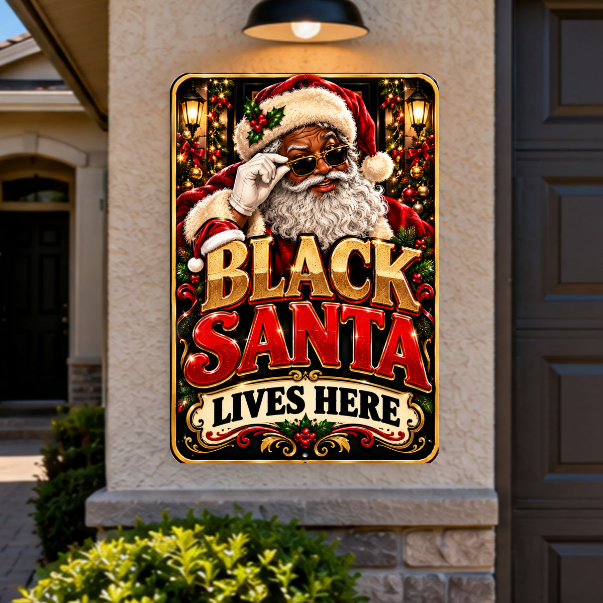 Black Santa Lives Here Sign, 13x19 Laminated African American Christmas Wall Decor