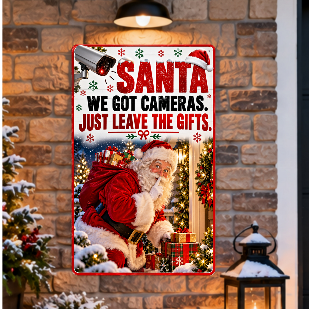 Funny Santa Christmas Sign, We Got Cameras 13x19 Laminated Holiday Window Decor