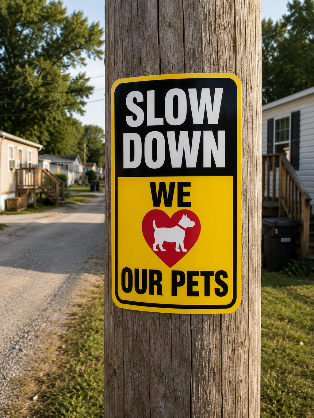 Slow Down We Love Our Pets Sign Laminated 13x19 | Pet Safety Yard Sign | Dog Lover Wall Decor | Funny Outdoor Warning Sign
