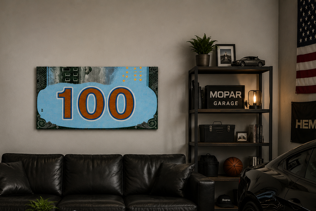 Turquoise 100 Dollar Bill Wall Art | Glossy 19x13 Money Print | Wooden Back Hanging Decor | Modern Office & Man Cave Wall Decor
