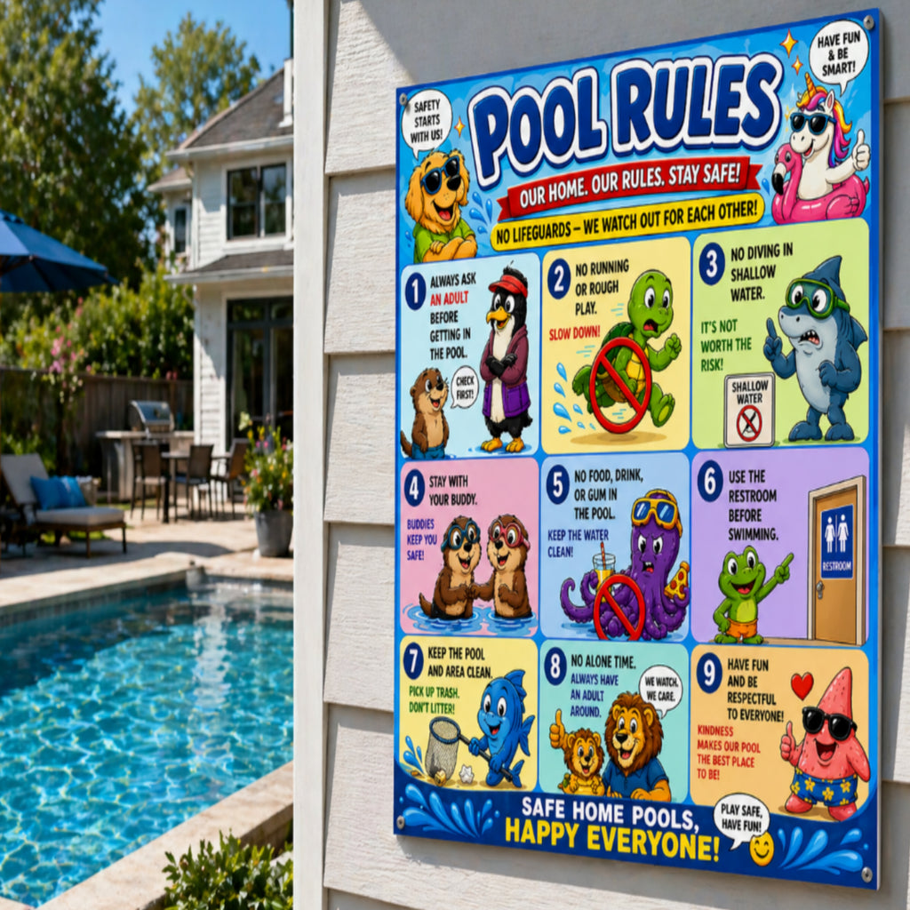 Kids Pool Rules Sign 13x19 Laminated Pool Safety Poster Cartoon Swimming Rules Decor Backyard Family Pool Wall Art