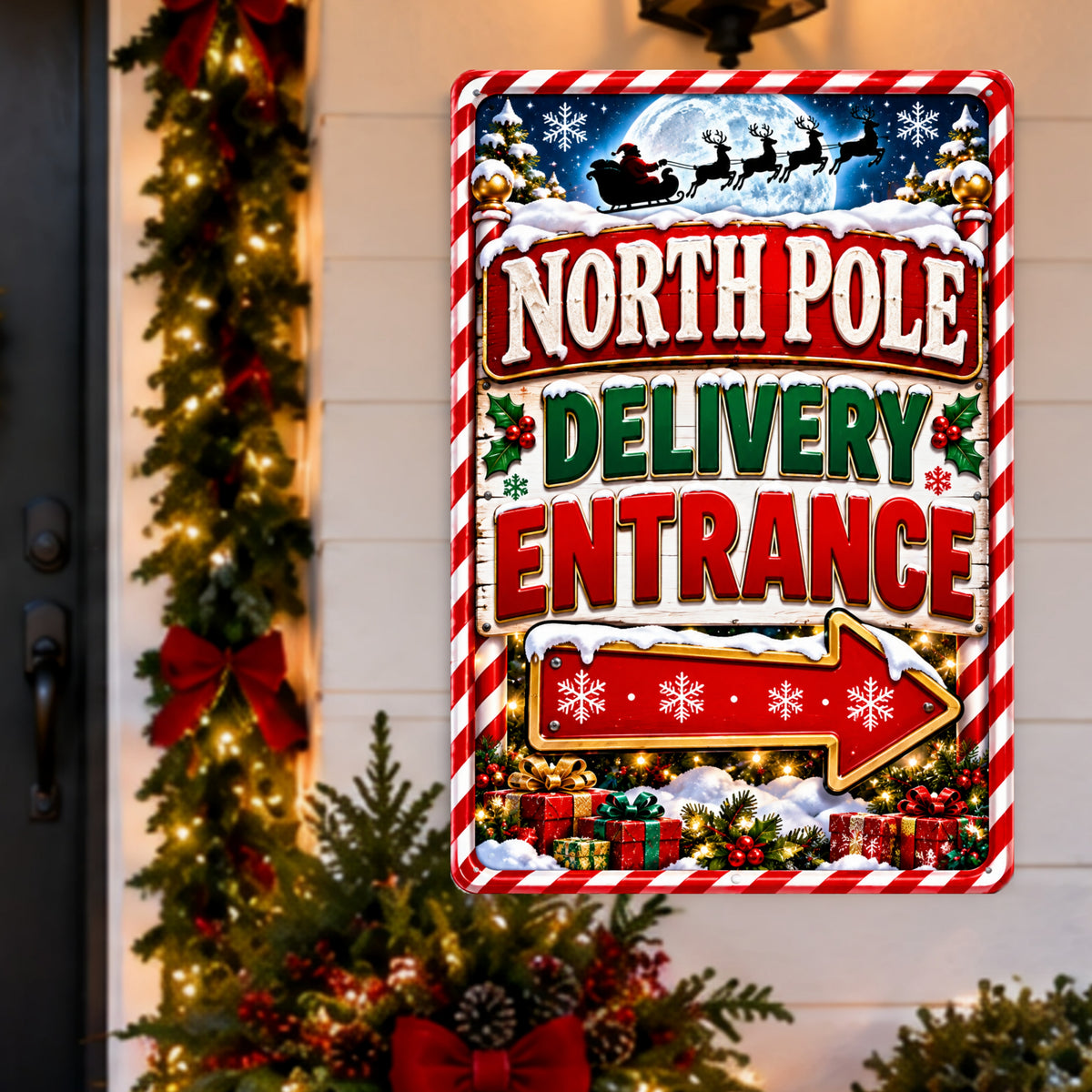 North Pole Delivery Entrance Sign, 13x19 Laminated Santa Christmas Holiday Decor