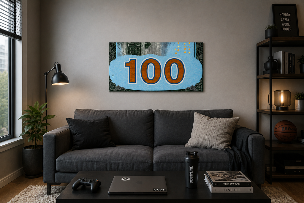 Turquoise 100 Dollar Bill Wall Art | Glossy 19x13 Money Print | Wooden Back Hanging Decor | Modern Office & Man Cave Wall Decor