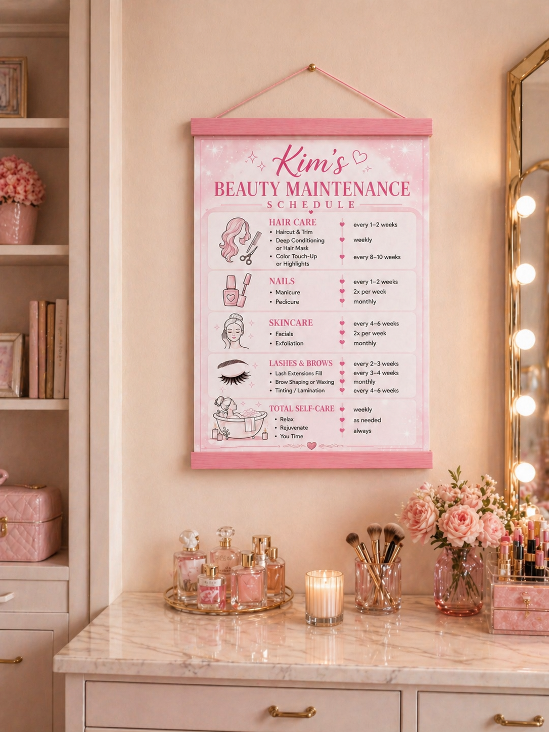 Personalized Beauty Maintenance Schedule Sign | Pink Self Care Wall Decor | Custom Beauty Routine Poster | Girly Bathroom Decor | Laminated Print