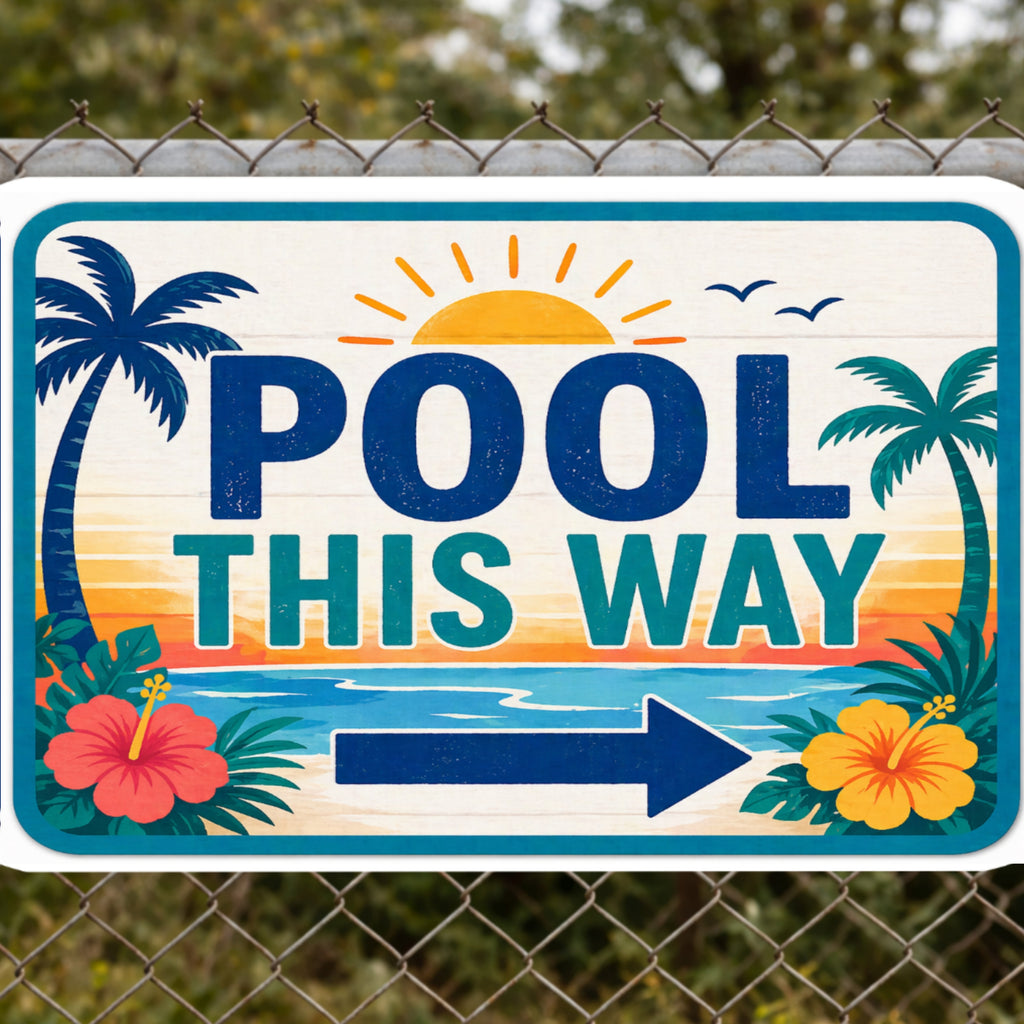 Pool This Way Sign | 13x19 Laminated Tropical Pool Decor | Palm Tree Poolside Summer Patio Wall Art