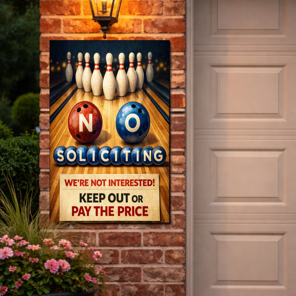 No Soliciting Bowling Sign Funny Door Sign Keep Out Or Pay The Price 13x19 Laminated Home Security Yard Sign Funny Warning Decor