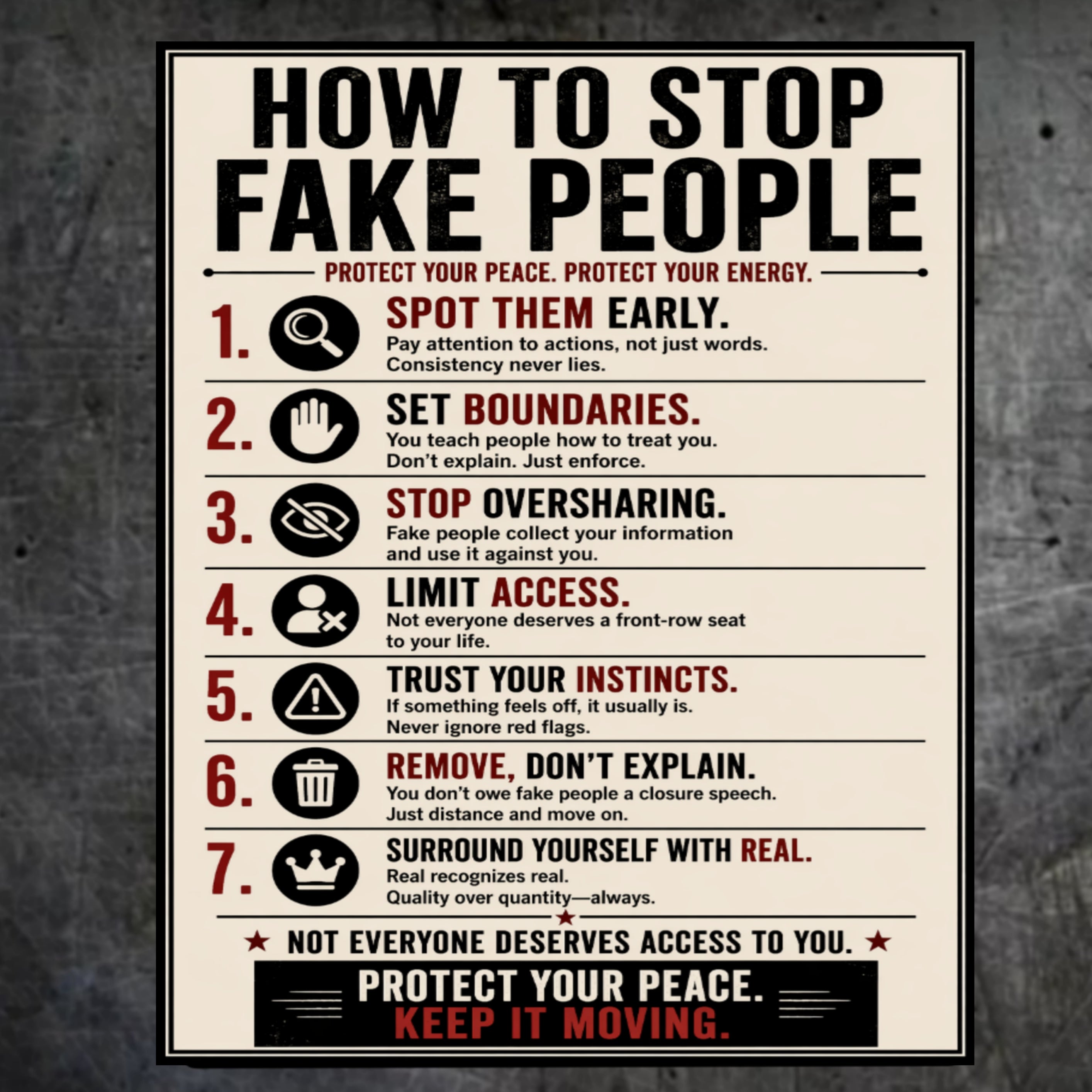 How To Stop Fake People Sign 13x19 Laminated Motivational Poster Protect Your Peace Wall Art Self Growth Mindset Sign