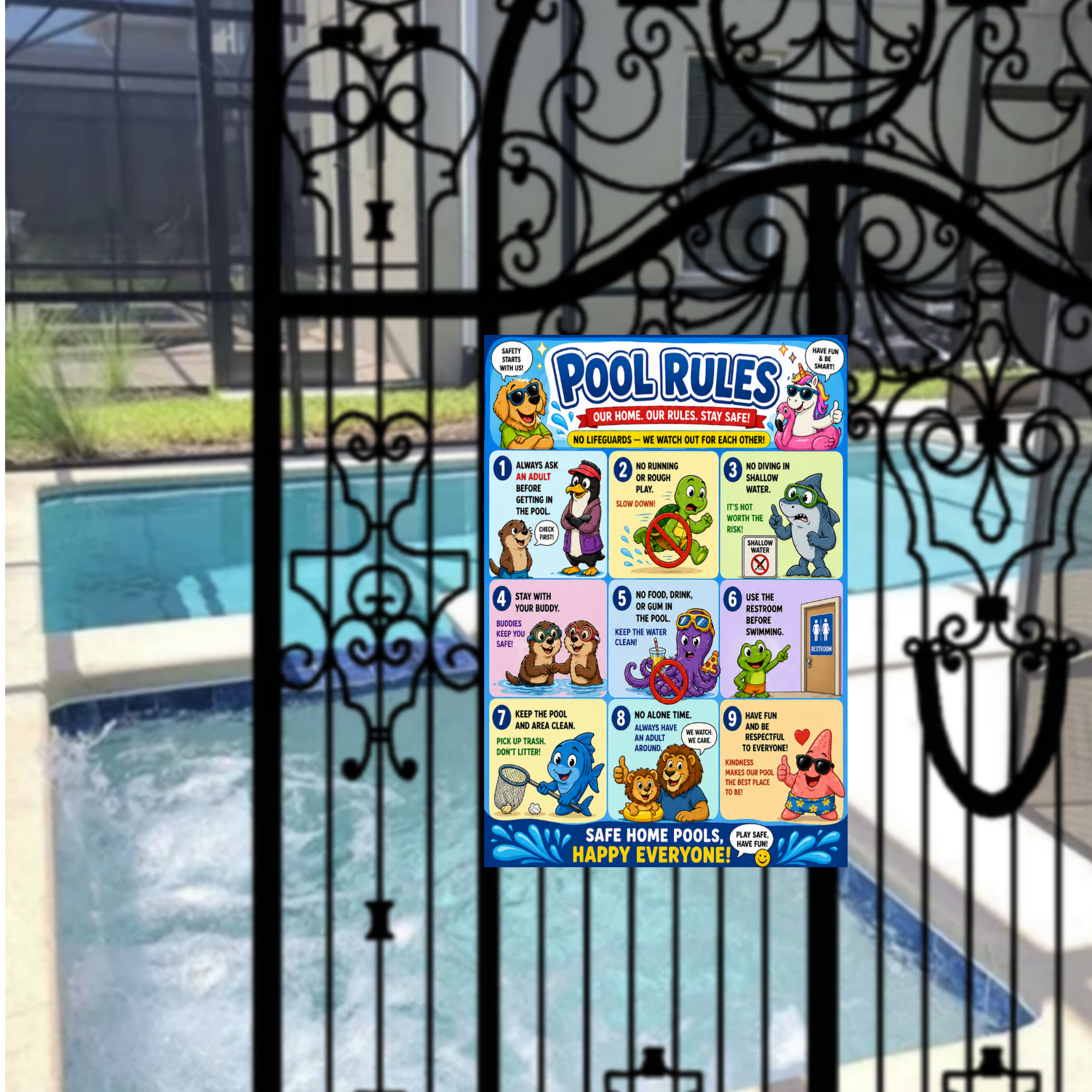 Kids Pool Rules Sign 13x19 Laminated Pool Safety Poster Cartoon Swimming Rules Decor Backyard Family Pool Wall Art