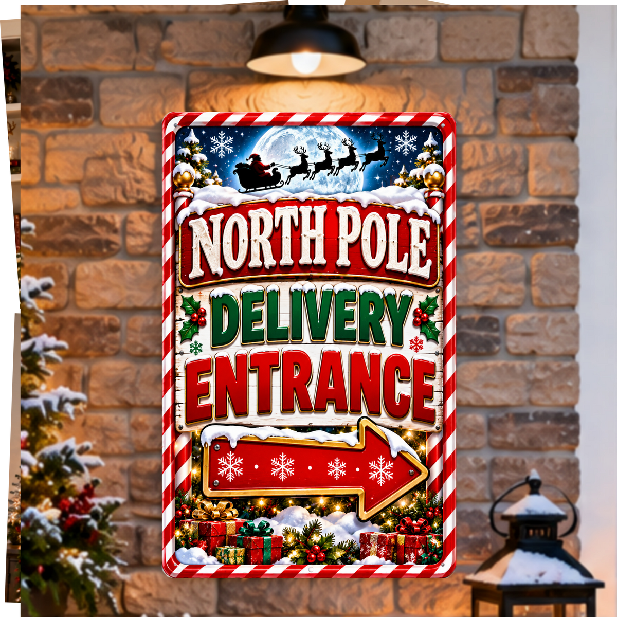 North Pole Delivery Entrance Sign, 13x19 Laminated Santa Christmas Holiday Decor