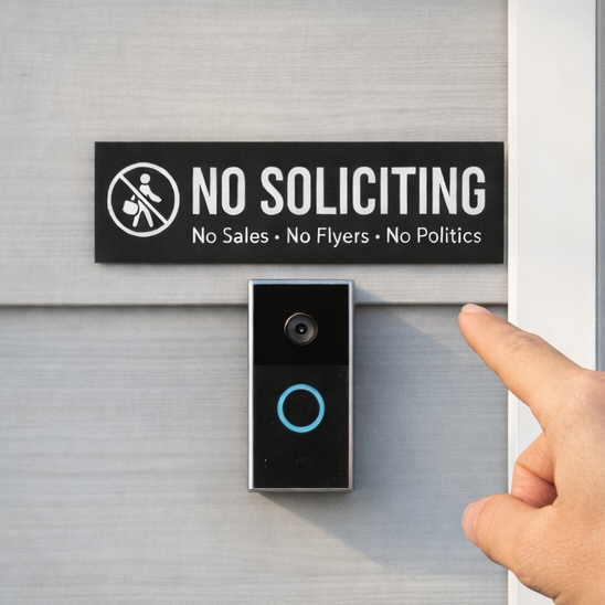 No Soliciting Sign Modern Door Sign  4x6in Laminated Aluminum Backing backing Home Security Warning Sign Minimalist Decor