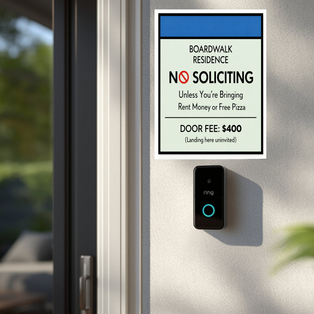 Boardwalk No Soliciting Sign – Funny Door Sign | “Unless You’re Bringing Rent or Pizza” | Modern Home Entry Decor