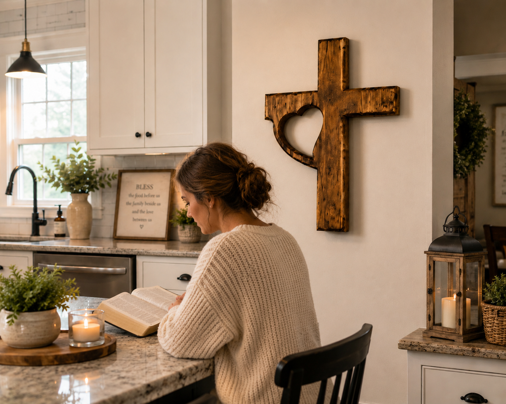 Handmade Wooden Cross Wall Decor with Heart Cutout | Rustic Christian Wall Art | Luxury Farmhouse Faith Decor 12x18