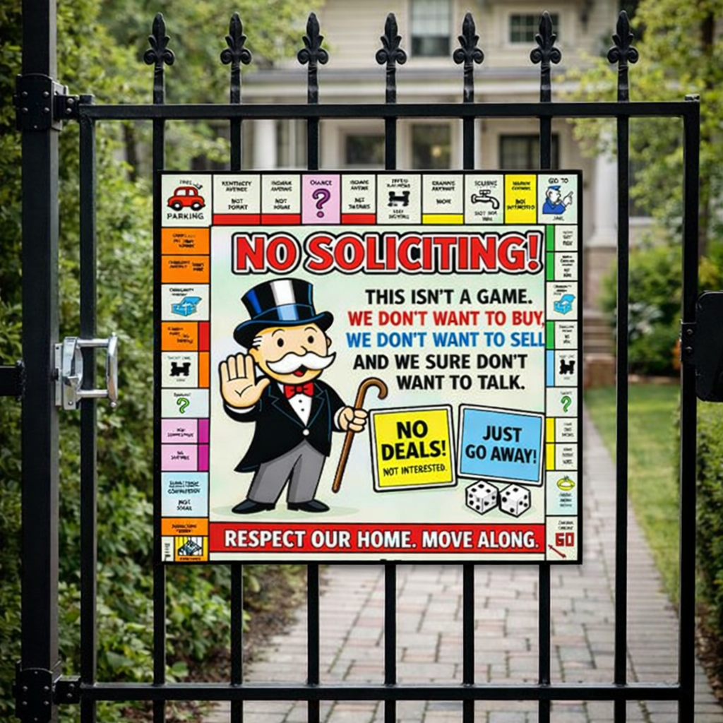Funny No Soliciting Monopoly Style Sign We Don’t Want To Buy Or Sell 12x12in Laminated Door Sign Home Protection Decor