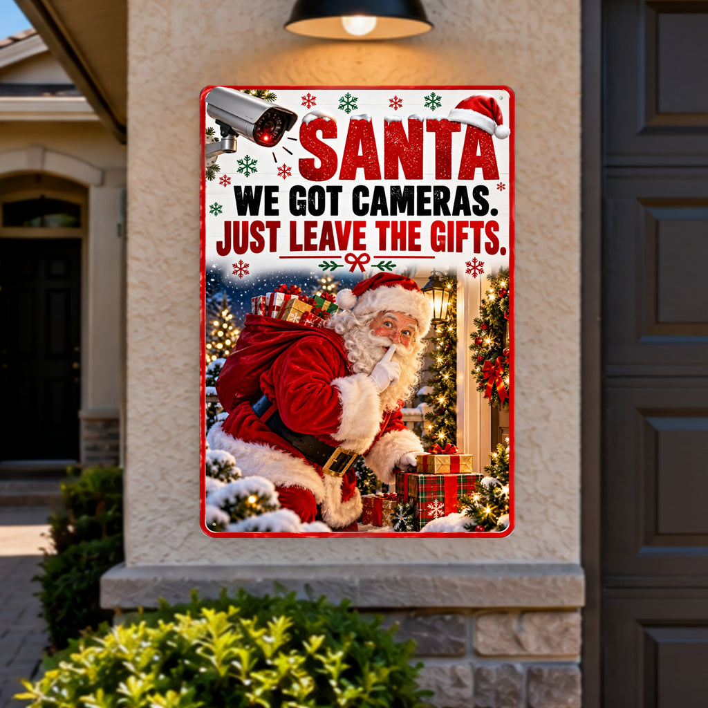Funny Santa Christmas Sign, We Got Cameras 13x19 Laminated Holiday Window Decor