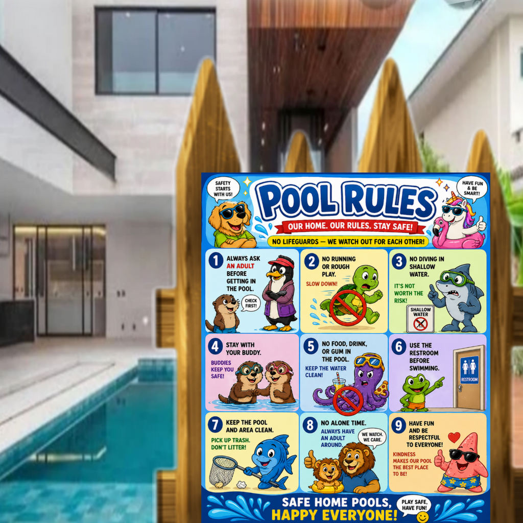 Kids Pool Rules Sign 13x19 Laminated Pool Safety Poster Cartoon Swimming Rules Decor Backyard Family Pool Wall Art