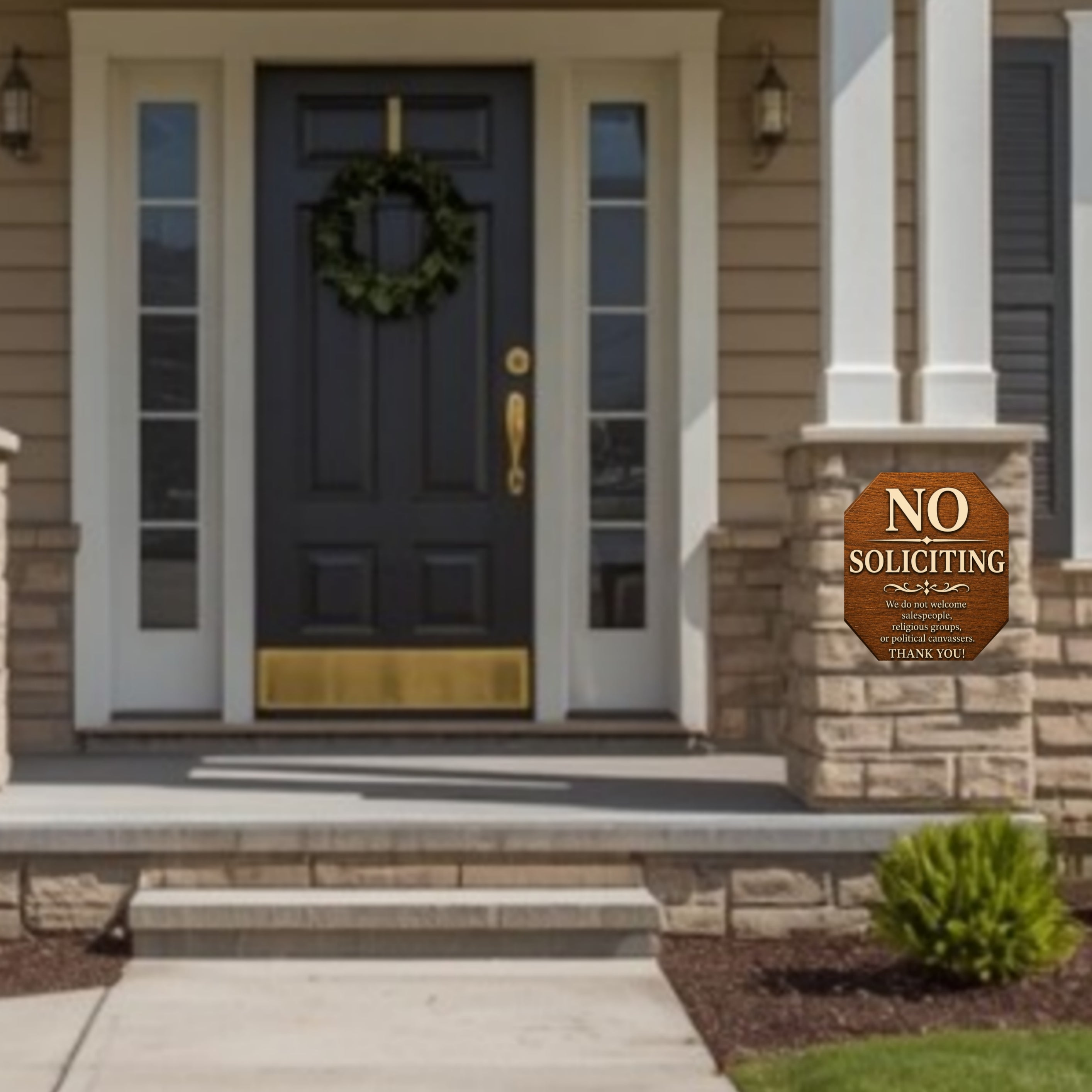 Real Wood No Soliciting Sign 12x12 Outdoor Wooden Door Sign Weather Sealed Front Porch Decor