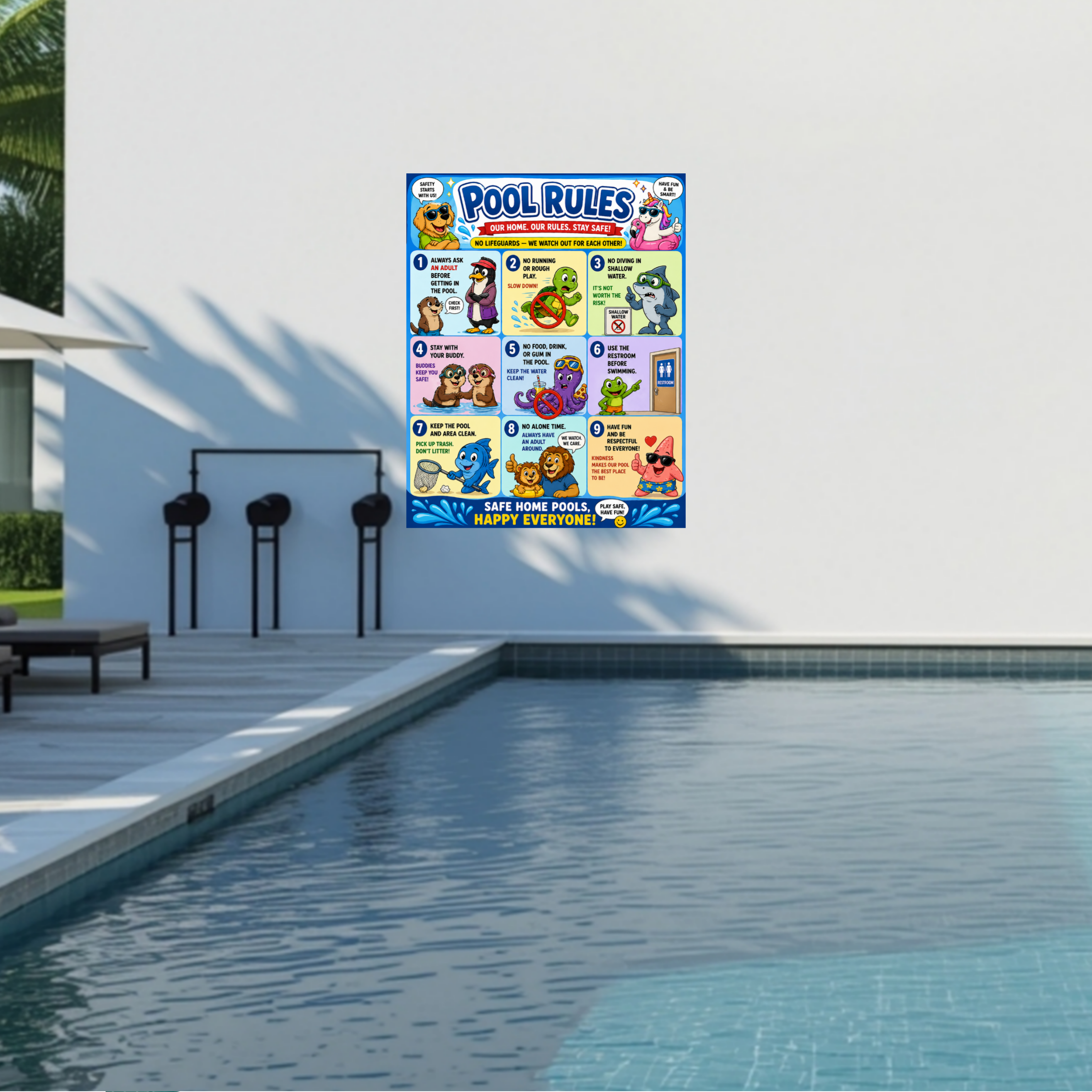 Kids Pool Rules Sign 13x19 Laminated Pool Safety Poster Cartoon Swimming Rules Decor Backyard Family Pool Wall Art