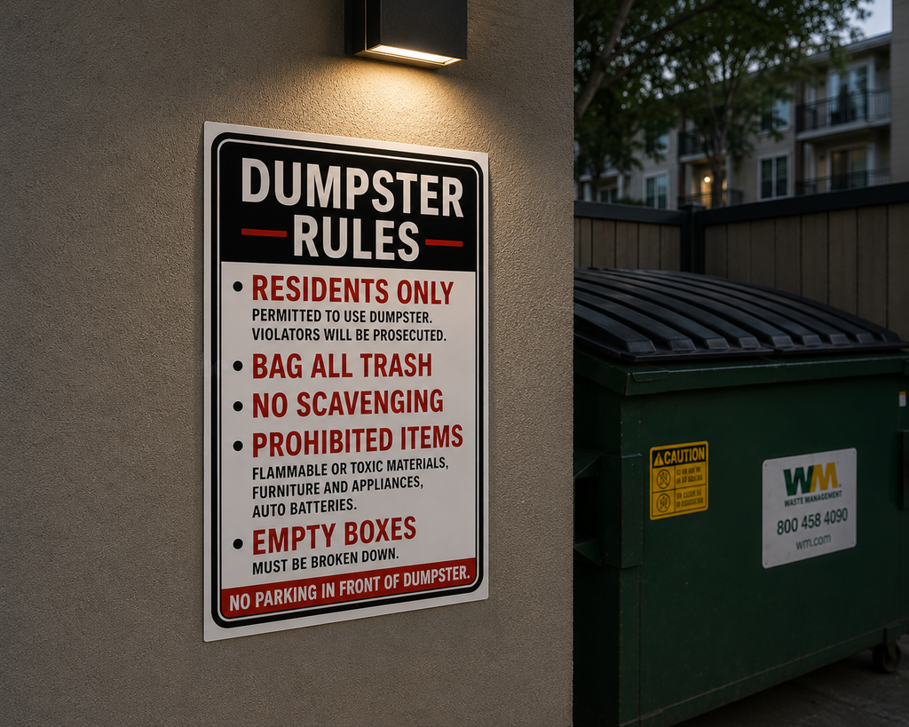 Dumpster Rules Sign Laminated 13x19 | Apartment Dumpster Rules Sign | Property Management Wall Sign | Trash Area Rules Decor