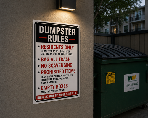 Dumpster Rules Sign Laminated 13x19 | Apartment Dumpster Rules Sign | Property Management Wall Sign | Trash Area Rules Decor
