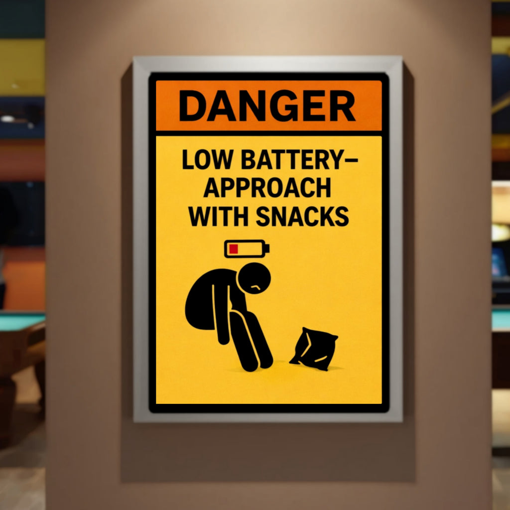 Funny Low Battery Warning Sign Approach With Snacks Humor Door Sign 13x19 Laminated Weather Sealed Wall Art